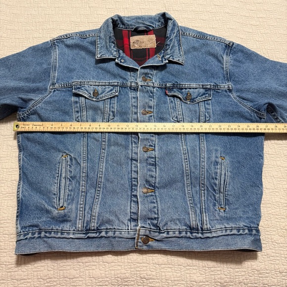 Vintage Levis Jacket Men's XL Buffalo Plaid Red Flannel Lined Denim Trucker USA - Picture 2 of 9